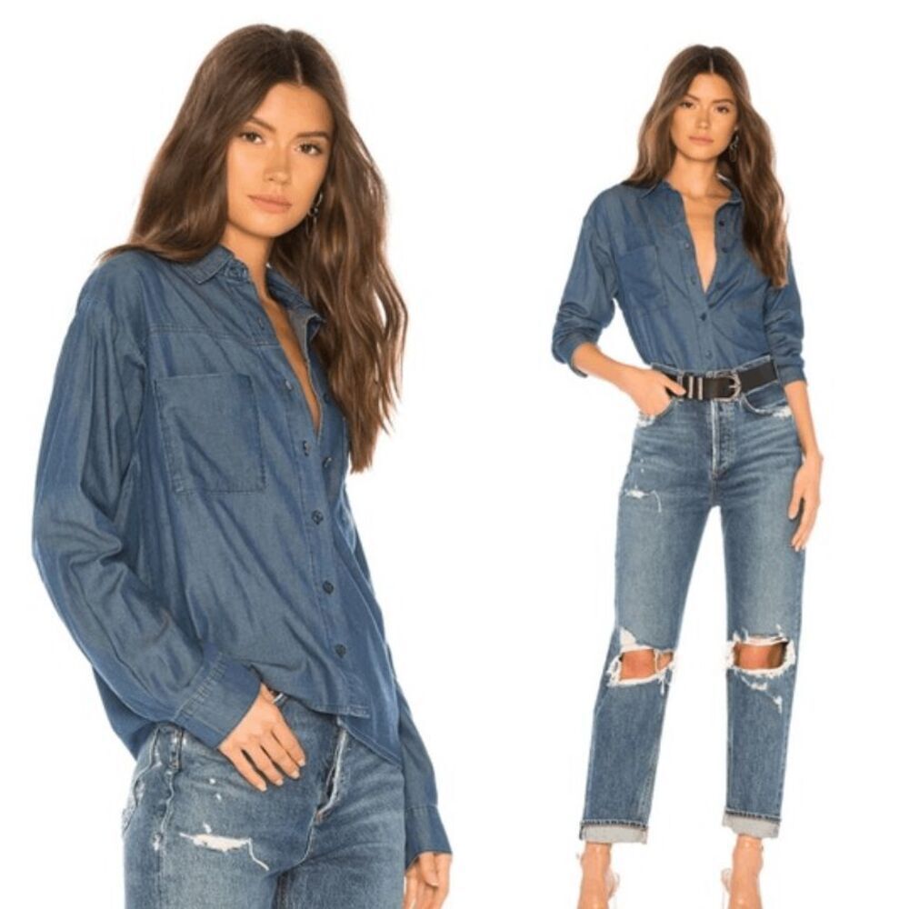 Amuse Society "Rad Ain't Bad" Embroidered Denim Chambray Shirt Size Medium